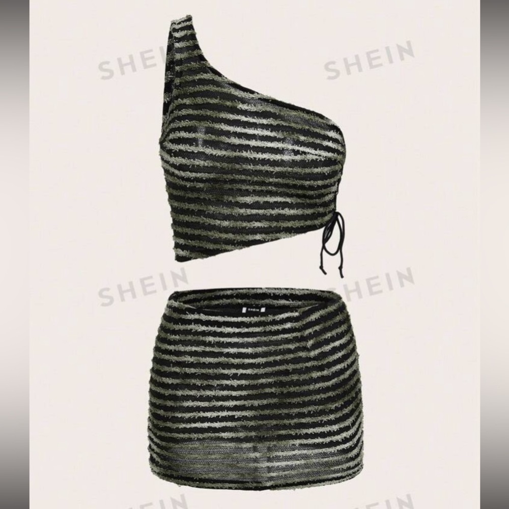 SHEIN ICON Striped One Shoulder Drawstring Side Crop Top & Skirt size M NWT - Picture 5 of 15